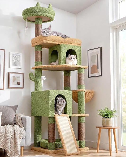 Globlazer Heavy Duty Cactus Cat Tree for Large Cats, Sturdy 72in Maine Coon Cat Tree for Large 20 lbs+ Cactus Cat Tower for Adult Biggest Cats with 6 Scratching Posts, Hammock, S72, Green