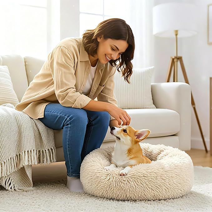 Calming Donut Dog and Cat Bed for Indoor Cats, Anti-Anxiety Round Fluffy Soft Washable Small Pet Bed for Puppy and Kitten, Warming Comfortable Luxury Anti-Slip Waterproof Mute Base 20in Light Brown