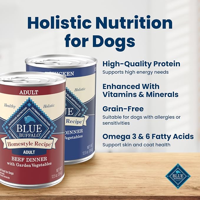 Blue Buffalo Homestyle Recipe Wet Dog Food Paté Variety Pack, Chicken Dinner & Beef Dinner with Garden Vegetables, Made with Natural Ingredients, 12.5-oz. Can (6 Count, 3 of Each)