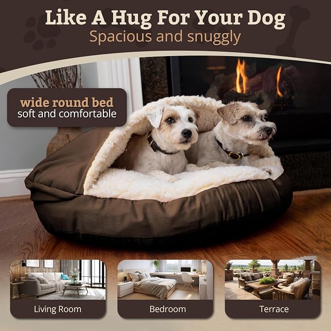 Snoozer Cozy Cave Dog Bed - Indoor Dog Bed with Cover Cave, Covered Calming Burrow for Small Sized Pets with Blanket Attached, Enclosed, Removable Washable Cover - Small, Hot Fudge