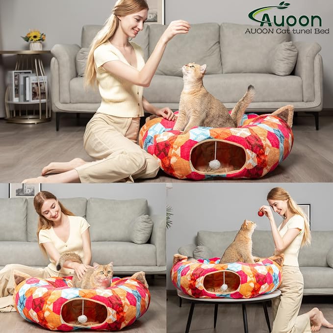 AUOON Cat Tunnel Bed for Indoor Cats - Large Cat Donut Tunnel with Hanging Ball Toy, Collapsible 2-in-1 Multifunctional Interactive Cat Toy for Kitten, Puppy, Rabbit, Ferret (Orange)
