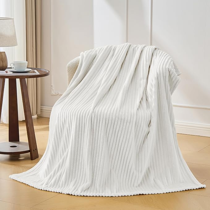 Bnuitland Fleece Throw Blanket for Couch, 300GSM Soft Warm Cozy Fluffy Throw for Adults & Kids, Stripe Pattern, All Season Sofa Bed Blanket for Home Decor, White 60"x80"