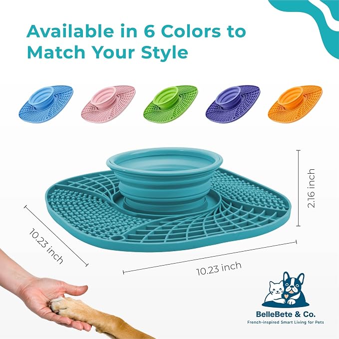 BelleBête & Co. 3-in-1 Pet Slow Feeder Lick Mat with Collapsible Bowl for Dog & Cat – Food-Grade Material & Non-Slip Base for Kibble, Dry and Wet Food, Digestive Health & Reduce Anxiety | Turquoise