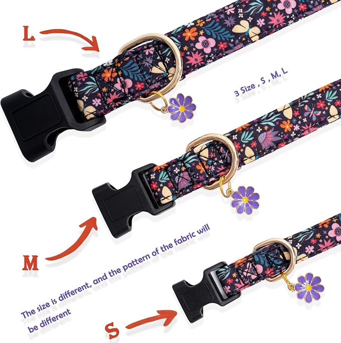 Faygarsle Cotton Designer Dogs Collar Cute Flower Dog Collars for Girl Female Small Medium Large Dogs with Purple Flower Charms S