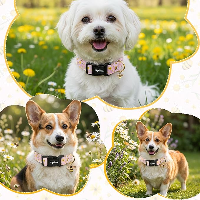 Dog Collar with Bees & Flowers Pattern, Spring Summer Collection Pink Dog Collar with Exquisite Pendant, Durable Adjustable Collars for Gifts & Daily Use-S