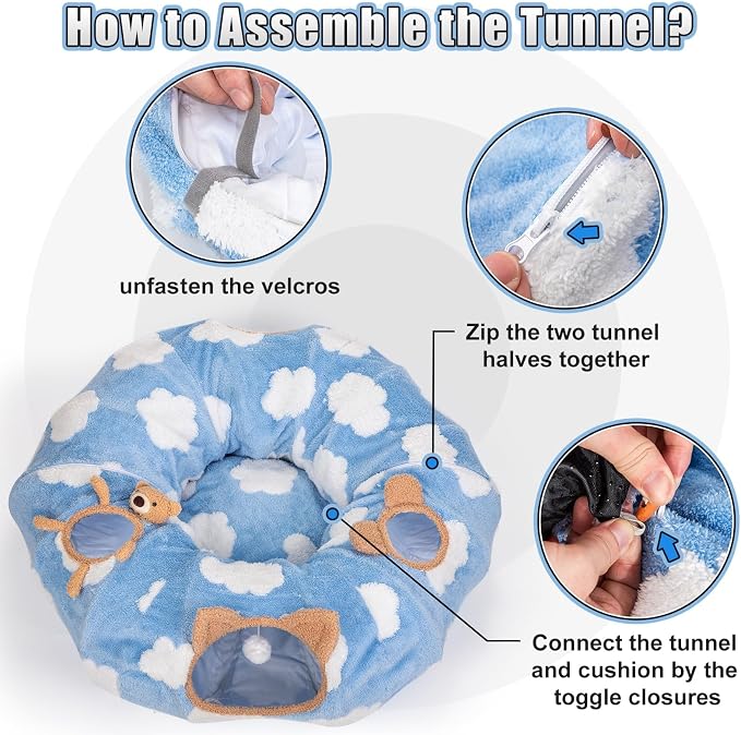 Cat Tunnel Bed, Tunnels for Indoor Cats with Washable Circle Cushion, Multifunctional Peekaboo Cave Donut Tubes Tunnel for Cat Kitty Kitten Puppy Rabbit Ferret (Sky Blue)