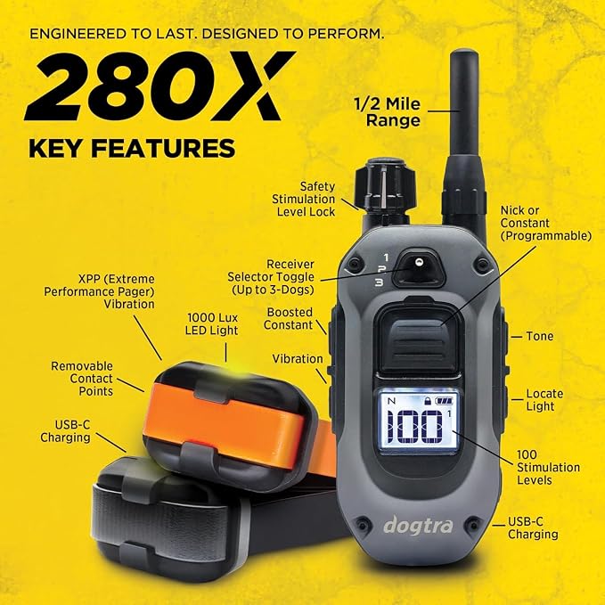 Dogtra 280X 2-Dogs E-Collar with Remote [New Edition] 10 lbs+, 1/2 Mile Range, LED Light, 100 Levels of Control for Stubborn Dogs, Waterproof, Boost for Quick Recall, Vibration, Safety Lock & Tone