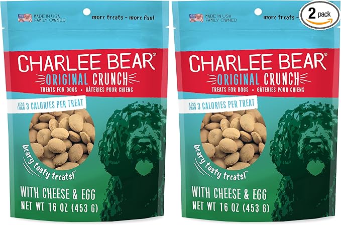 Charlee Bear Original Crunch Dog Treats, Cheese and Egg, 16 Ounce Resealable Bag, Low Calorie Training Treats for Dogs, Limited Ingredient, Healthy, Crunchy Dog Snacks, Made in USA (Pack of 2)