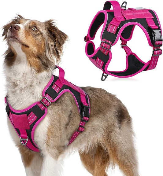 rabbitgoo Tactical Dog Harness for Large Dogs, No Pull Military Service Vest with Handle & Molle, Easy Control for Training Walking, Adjustable Reflective Straps, Black & Rose Red, M
