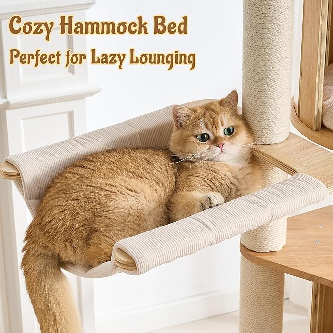70" Modern Wood Cat Tree for Indoor Cats, Multi-Level Cat Tower with 2 Hidden Cat Caves, Hammock, Elevated Top Beds & Sisal Scratching Posts, Furniture-Style Cat Condo for Multi-Cat Homes