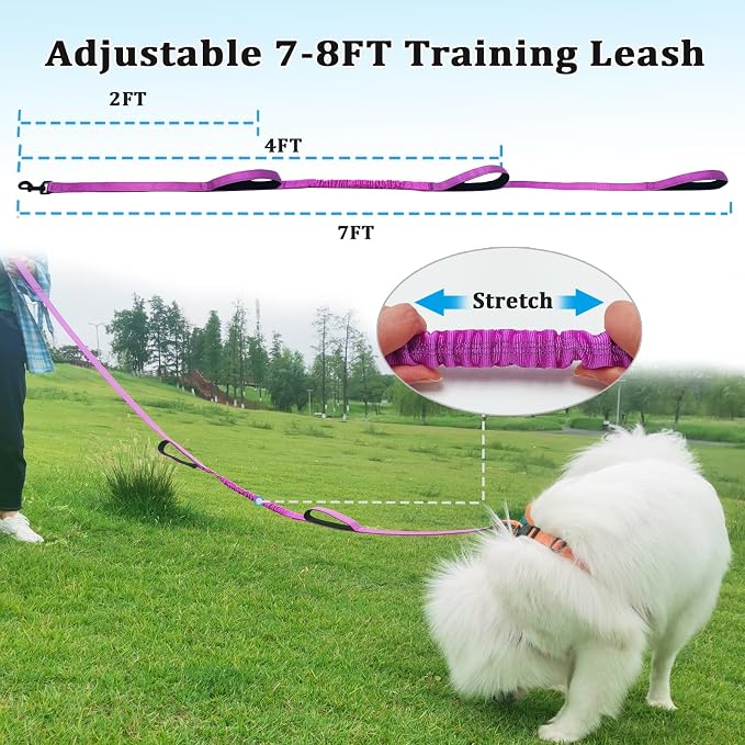 WYuZe 3 Handle Dog Leash for Large Medium Dogs- 7FT Reflective, Shock Absorbing Bungee, Heavy Duty Training Leash with Three Padded Traffic Handles for Control & Jogging, Purple