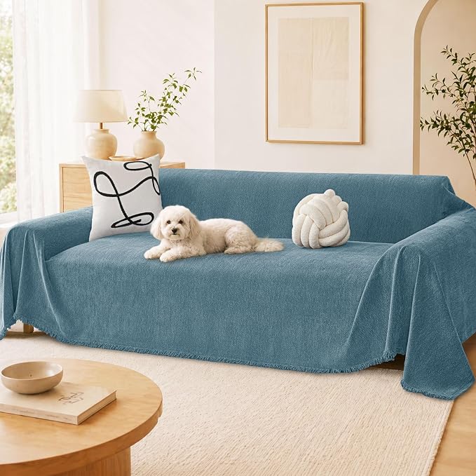 hyha Couch Cover for Dogs, Boho Sofa Covers for 3 Cushion Couch Washable, Chenille Sofa Slipcover for Pets, Soft Loveseat Sectional Couch Throw Blankets with Tassels (Blue, 88.5x118 Inch)
