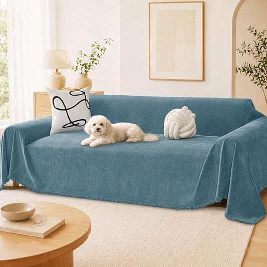hyha Couch Cover for Dogs, Boho Sofa Covers for 3 Cushion Couch Washable, Chenille Sofa Slipcover for Pets, Soft Loveseat Sectional Couch Throw Blankets with Tassels (Blue, 88.5x118 Inch)