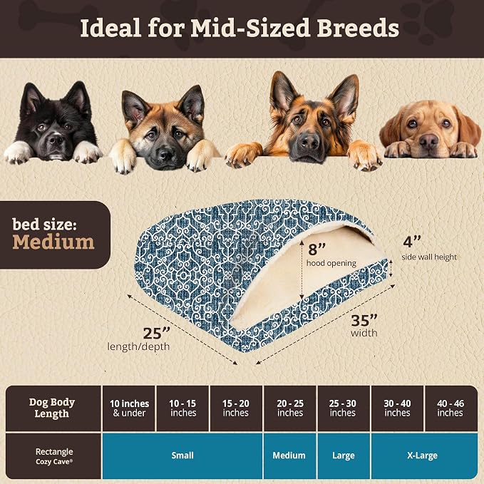 Snoozer Rectangle Cozy Cave Dog Bed - Indoor Dog Bed with Cover Cave, Covered Calming Burrow for Small & Medium Sized Pets with Blanket Attached, Enclosed, Washable Cover - Medium, Ramey Oxford