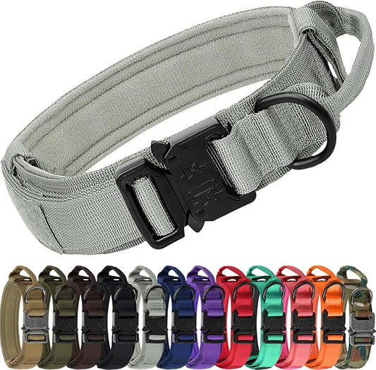 Joytale Tactical Dog Collar with Handle and Metal Buckle, Heavy Duty Padded Military Collar with 2 Patches for Training, Adjustable for Medium Dogs, Gray, M