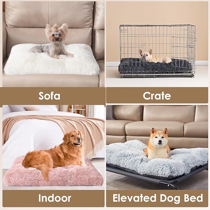 EHEYCIGA Fluffy XXL Dog Crate Pad, Plush Faux Fur Dog Bed for Extra Large Pets, Calming Anti Anxiety XXL Pet Bed, Washable Soft Warm Crate Mat with Non-Slip Bottom, Pink