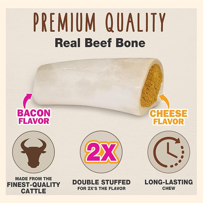 Cadet Stuffed Shin Bone, Long-Lasting Dog Chew Bones for Aggressive Chewers, High-Protein Filled Bone Dental Chew for-Dogs, Bacon & Cheese Flavor Filling, 5-6" for Large Dogs (Pack of 2)