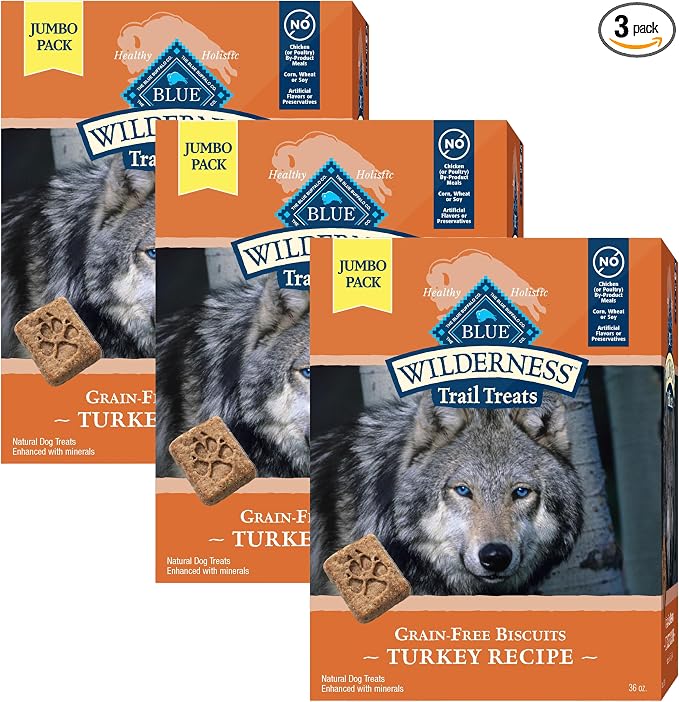Blue Buffalo Wilderness Trail Treats Crunchy Dog Biscuits Grain-Free and High-Protein Dog Treats, Turkey Recipe 36-oz Box (Pack of 3)