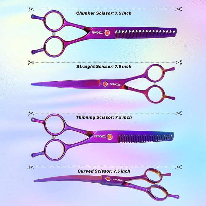 Dog Grooming Scissors Kit, Professional 6 in 1 Pet Scissors Sharp Shears Set - Straight, Thinning, Chunker, Curved Shears and Comb for Long Short Hair for Dog Cat (Set, Purple)