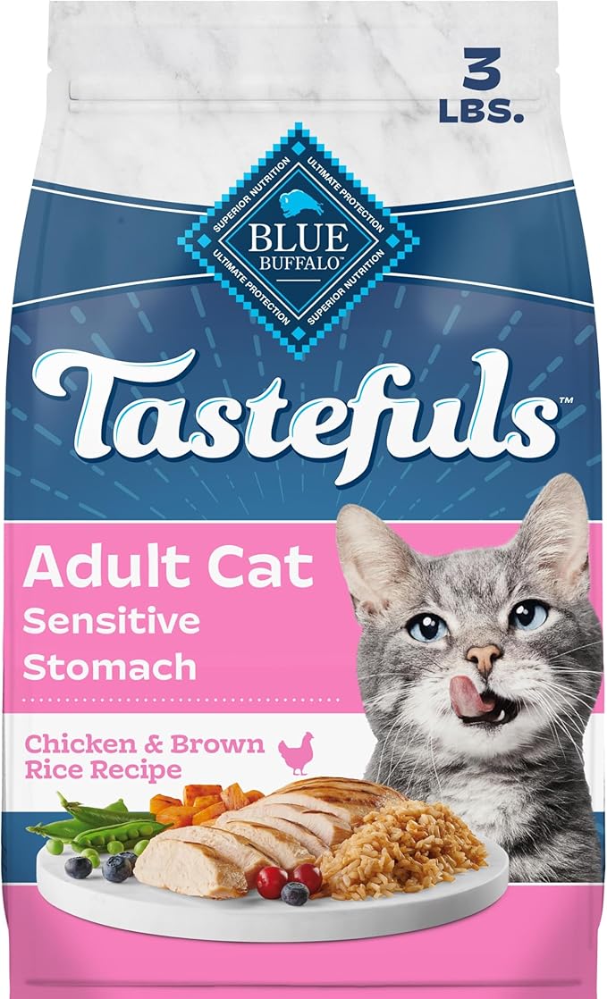 Blue Buffalo Tastefuls Chicken & Brown Rice Recipe Sensitive Stomach Adult Dry Cat Food, Real Chicken First, Deliciously Healthy Natural Cat Food, Natural Ingredients, Supports Digestion, 3-lb Bag