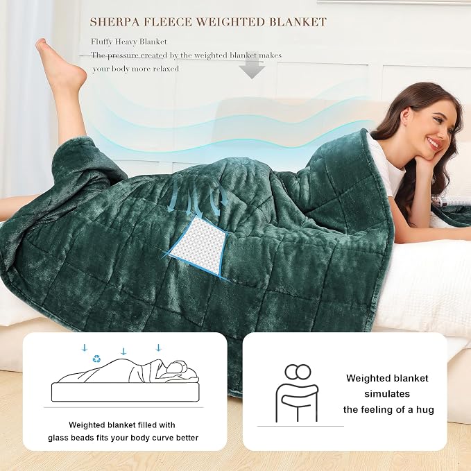 Alomidds Weighted Blanket Queen Size 20lbs 60 x 80 inches, Adult Weighted Blankets with Soft Plush Fleece,Fluffy Thick Warm Sherpa & Cozy Flannel Heavy Blanket for Sofa Bed, Forest Green