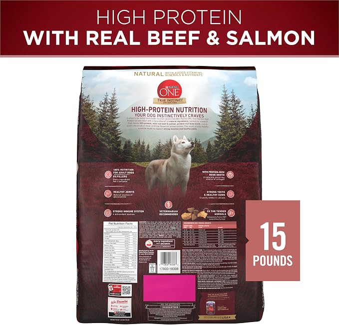 Purina ONE Natural High Protein Dry Dog Food Dry True Instinct with Real Beef and Salmon With Bone Broth and Added Vitamins, Minerals and Nutrients - 15 lb. Bag