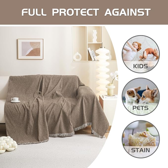 MEETSKY Couch Cover for 3 Cushion Couch Sofa, Sectional Couch Covers Washable for Dogs Pets Furniture Protector Chenille Oversized Sofa Covers Love Seat Covers, 91" x 118", Sand