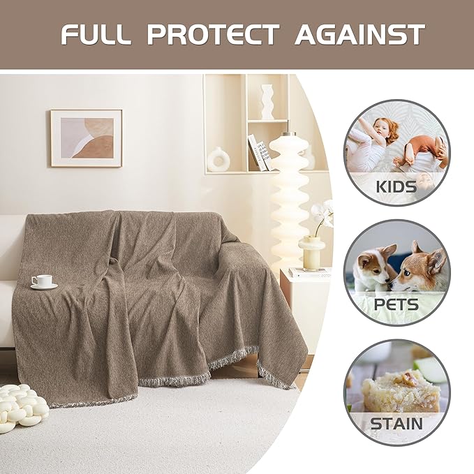 MEETSKY Couch Cover Washable for Dogs Sectional Couch Covers Chenille Sofa Covers Living Room Pet Couch Protector Sofa Slipcovers for Pets,Kids, 71"x 102", Sand