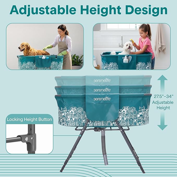 SereneLife Foldable Dog Bath Tub with Adjustable Height, 360° Access, Drain Hose & Storage Pockets – 130 lb Capacity Grooming Station for Indoor/Outdoor Use (Blue)