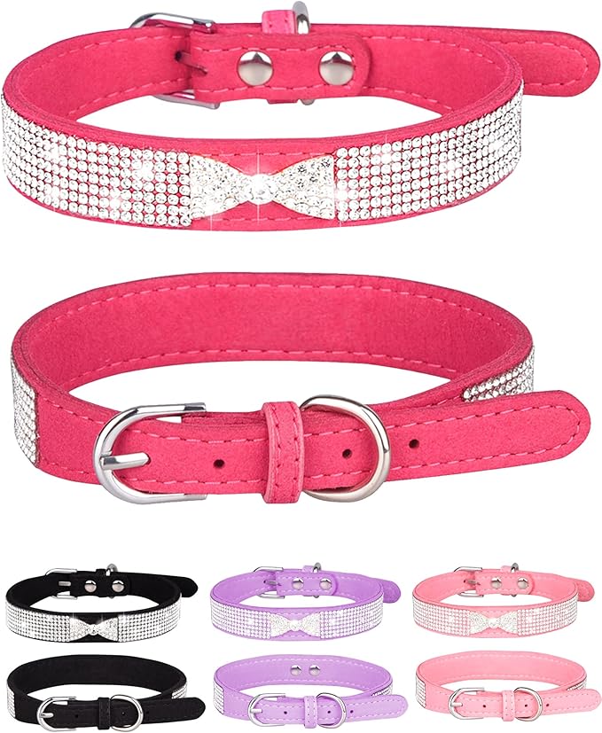 Dog Collar for Small Dogs, Adjustable Leather Suede Bling Dog Collars，Pink Dog Collar Cat Collar, Rhinestone Dog Collar (L, Rose red4)