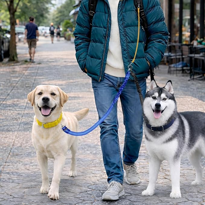 Double Dog Leash for Two Dogs, Professional No Tangle 360° Swivel Coupler with Shock Absorbing Bungee, Adjustable Length Dual-Sided Reflective Two Dogs Lead Splitter for Small Medium Large Dog