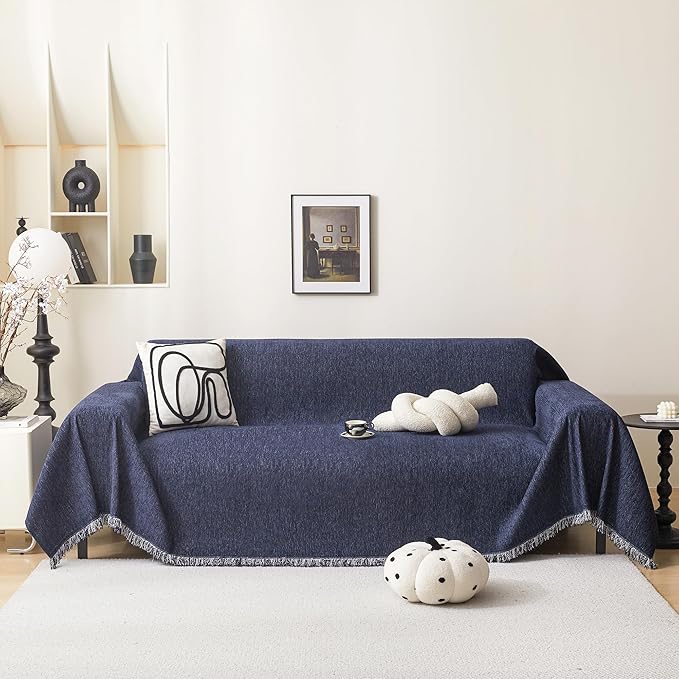 MEETSKY Sectional Sofa Covers Blue Couch Covers for 3 Cushion Couch Sofa Chenille Couch Cover Living Room Multi-Use L Shaped Sofa Slipcovers for Dogs Cats Tassel Edge 91" x 134", Navy