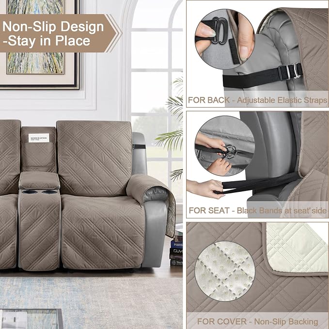 TAOCOCO 100% Waterproof Recliner Couch Covers with Console, Sofa Covers for Reclining Sofa 3 Seat with Straps Design, Split Recliner Sofa Cover Furniture Pets Kids Protector (3 Seater, Taupe)