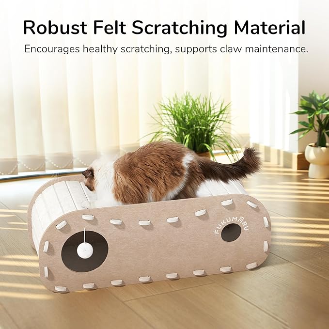 FUKUMARU Cat Beds for Indoor Pets 31.5 Inch, Extra Long Cozy Cat Bed Cave Tunnel for Multiple & Large Cats, Felt Kitten Hideaway House with Fluffy Ball, Scratch Resistant, Warm & Safe, Beige