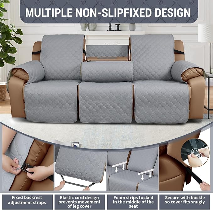 Waterproof Recliner Sofa Covers with Flipped Middle Backrest Washable Recliner Couch Covers Non-Slip with Elastic Straps Furniture Protector for Kid Dogs Pets (Light Grey)
