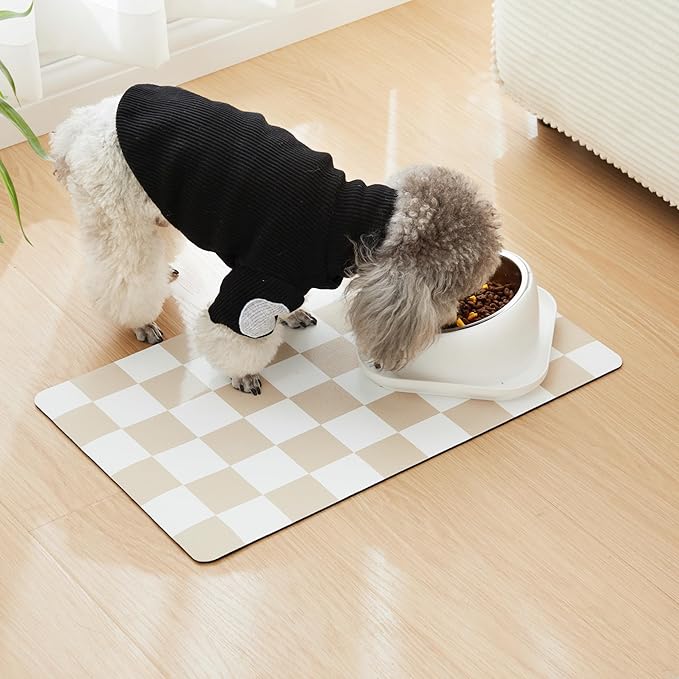 Checkered Dog Feeding Mat, Absorbent Mats for Dog Food and Water Bowl, Dispenser, Retro Aesthetic Khaki Beige Checkerboard Pet Placemat for Dogs, Cats, Puppy Accessories, 12" X 19”