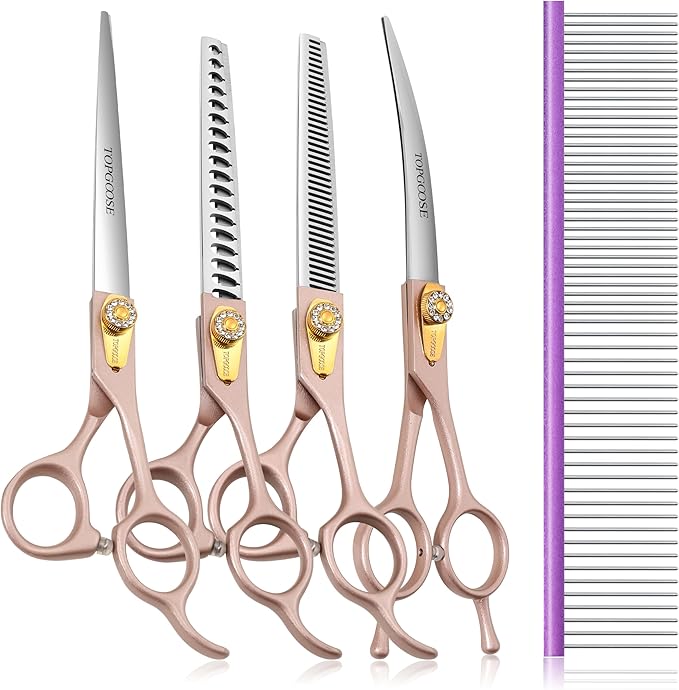 7.5‘’ Professional Dog Grooming Scissors Set 440C Stainless Steel Straight Thinning Curved Chunker Shears 4PCS Set for Pet Grooming Services Dogs and Cats (Rose Gold, Set)