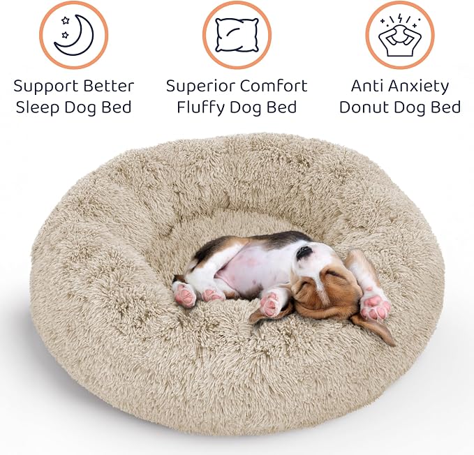 Donut Dog Bed - Premium Comfort for Anxiety Relief - Fluffy & Calming Design with Ultra-Plush Support | Cozy Round Dog Bed with Super Soft Circle Style (Beige, Medium)