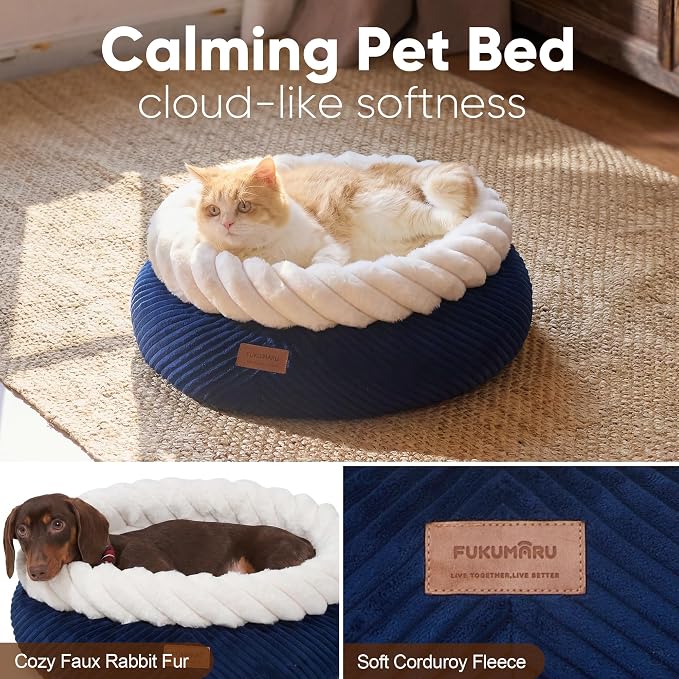 FUKUMARU Cat Bed, Calming Donut Dog Beds, Plush Faux Fur&Corduroy Kitten Beds, Cute Round Washable Pet Bed for Large Cats and Puppy, Cat Cave with Anti-Slip Bottom, 21inch, Blue