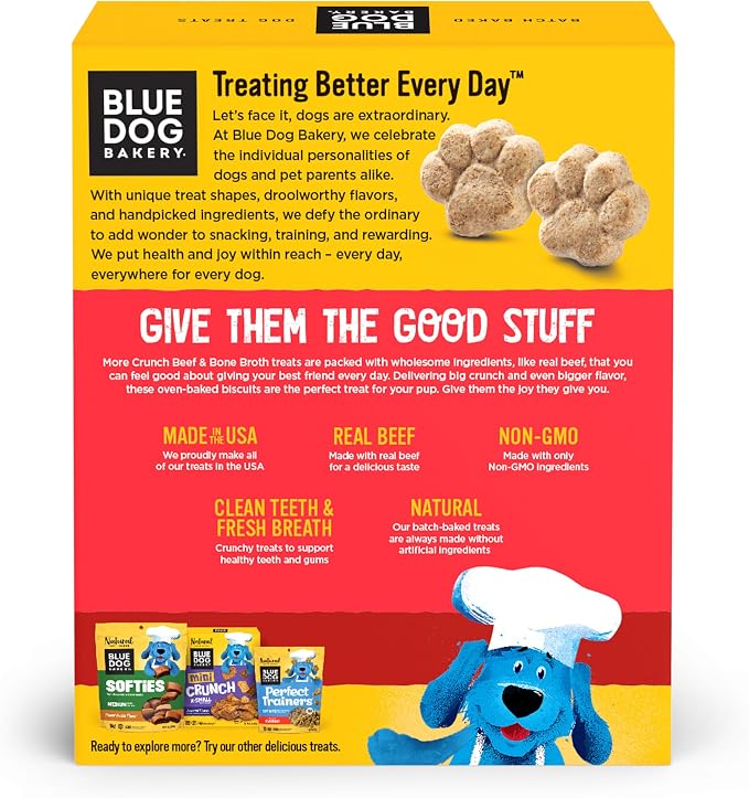 Blue Dog Bakery More Crunch Medium Beef & Bone Broth Dog Treats, Dog Biscuits for Large Breeds, Healthy Treats, All Natural, 18 oz (Pack of 3)