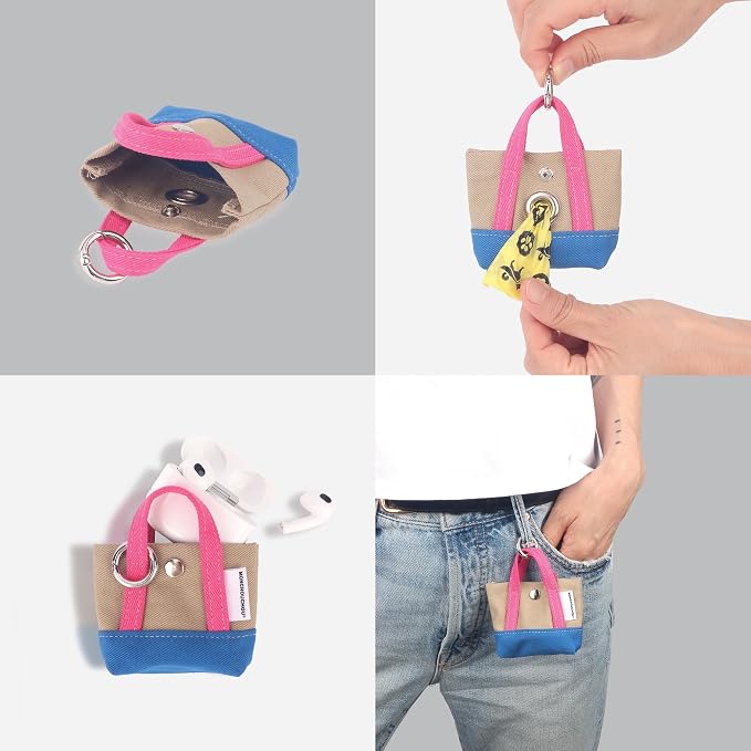 Dog Poop Bag Holder for Leash with 1 Waste Bag Roll, Canvas | Pink Handle, Waste Bag Dispenser Pouch, Round Clip, Cotton Carrier, Handmade in Korea