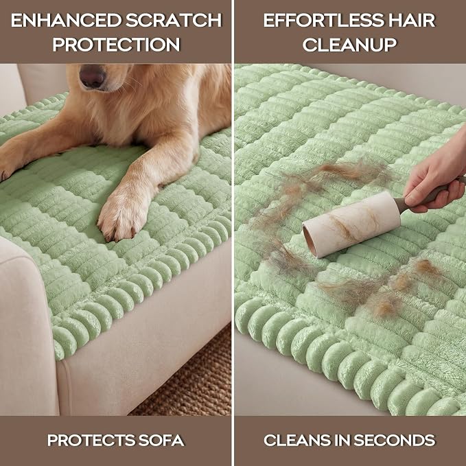 decorUhome Non-Slip Fuzzy Couch Cover for Dogs, Soft Thick Washable Pet-Friendly Protector, Sofa Slipcover for 3 Cushion Couch Sofa, Green, 27.6" x 88"