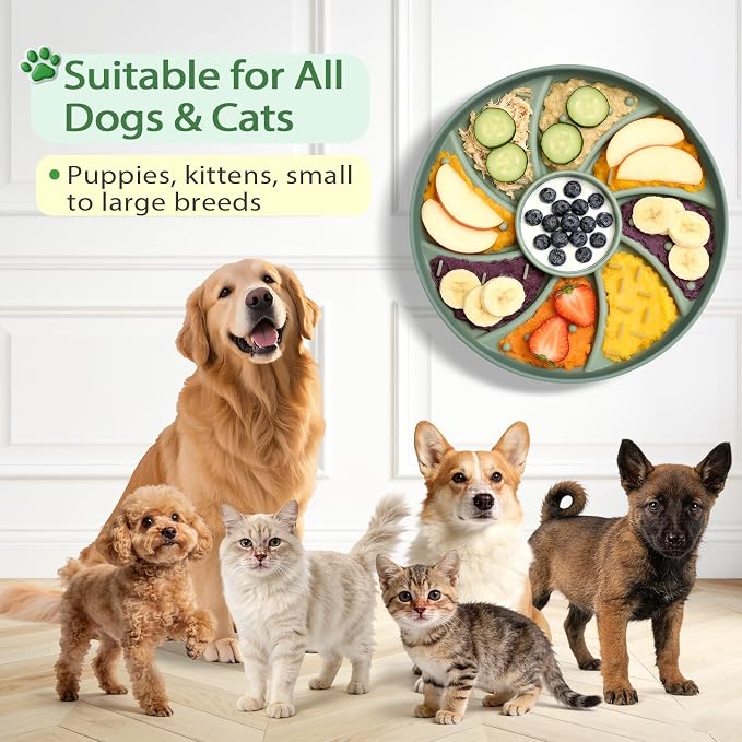 Silicone Dog & Cat Slow Feeder Bowl Lick Mat with Strong Suction Cups, Anti-Spill Design, Multi-Textured, Extend Mealtime, Reduce Anxiety, Dishwasher Safe, All Breeds & Ages (Green)