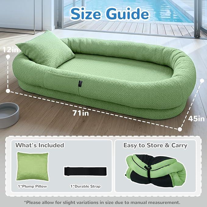 YAEM Cooling Human Dog Bed, 71"x45"x12" Breathable Human Size Dog Bed for Adults, Waterproof Giant Pet Beds with Washable Cover & Non-Skid Bottom, Pale Green