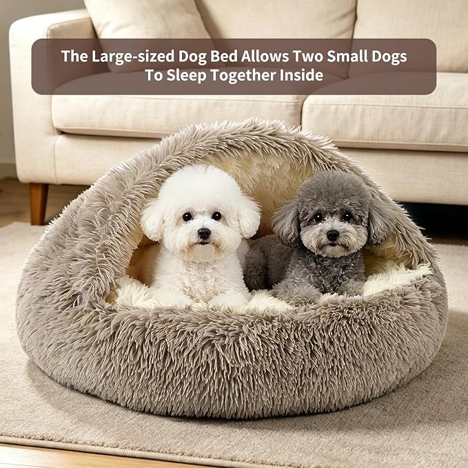 Dog Bed Round Hooded Plush Cat Cave Self Warming Pet Bed Donut Anti Anxiety Fluffy Pet Bed for Puppy and Kitty