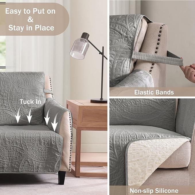 Gray Quilted Recliner Chair Covers, Waterproof Recliner Slipcovers, Lazy Boy Chair Covers, Pet Friendly Recliner Cover for Dogs Cats, Washable Furniture Protector (Recliner 22", Cool Gray)