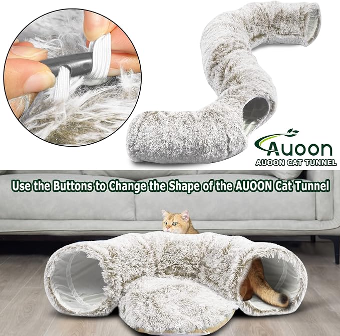 AUOON Cat Tunnel Bed for Indoor Cats - Large Cat Donut Tunnel with Hanging Ball Toy, Collapsible 2-in-1 Multifunctional Interactive Cat Toy for Kitten, Puppy, Rabbit, Ferret (Khaki)