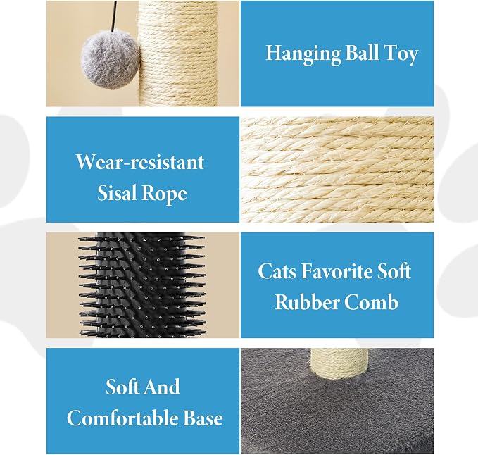 MeowHomm 32" Cat Scratching Post with Self Groomer Cat Brush, Sisal Rope Tall Cat Scratching Post with Soft Hanging Ball for Indoor Cats, Cat Claw Scratcher Covered with Soft Smooth Plush