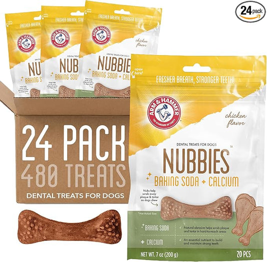 Arm & Hammer for Pets Nubbies Dental Treats Baking Soda Calcium Nubbed Texture Scrubs Plaque Tartar Chicken Flavor Freshens Breath Daily Oral Care 20 Count 7 OZ 24 Pack at Home Consistent Routine