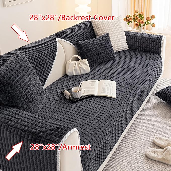 Velvet Couch Cover Sectional, Funny Fuzzy Pet Couch Covers for Backrest, Plush Warm Sofa Covers for Pets Washable, Non-slip Couchs Cover for Pets & Kids(1PC, Dark Grey, 35.4"×35.4", Single Seater)